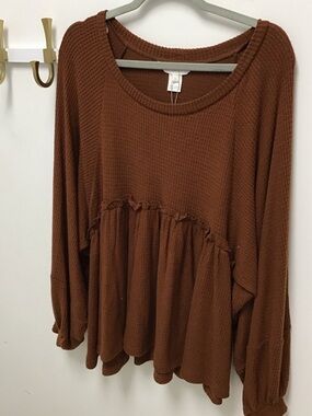 Apricot Women’s Waffle Knit Peplum babydoll Long-Sleeve Top - Brown